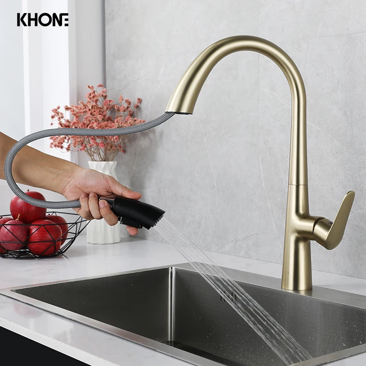 Brushed gold pull out kitchen mixer tap hotel hot cold water pull down kitchen sink faucet 2022