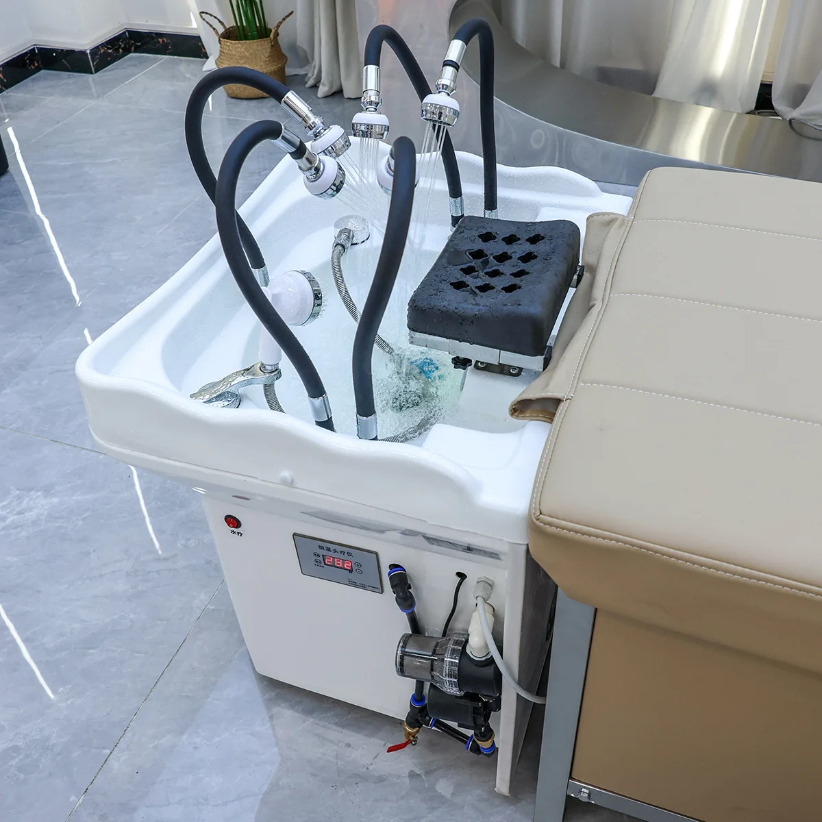 Portable Shampoo Sink With 60L Water Tank No Plumbing Movable Hair Washing Bowl Heater Sprayer Head Spa Salon Furniture