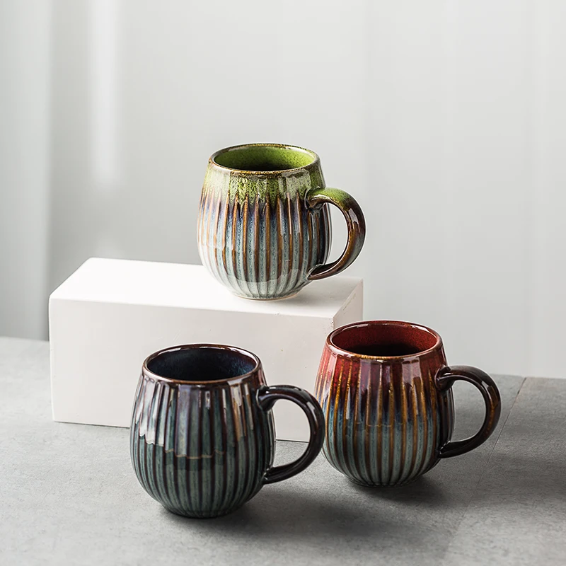 Hot Selling Large Capacity 17 oz Reusable Coffee Cups Ceramic Mug with Handle Fambe Choppy Style Home Use Office Cup