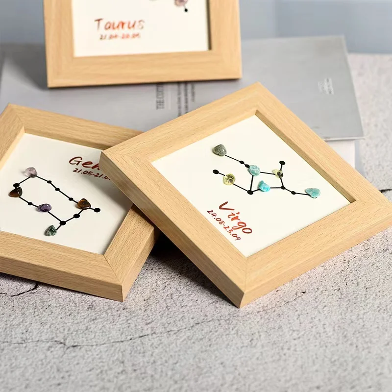 Wholesale Natural Crystals Healing Twelve Constellations Wooden Photo Frame Crystal Painting