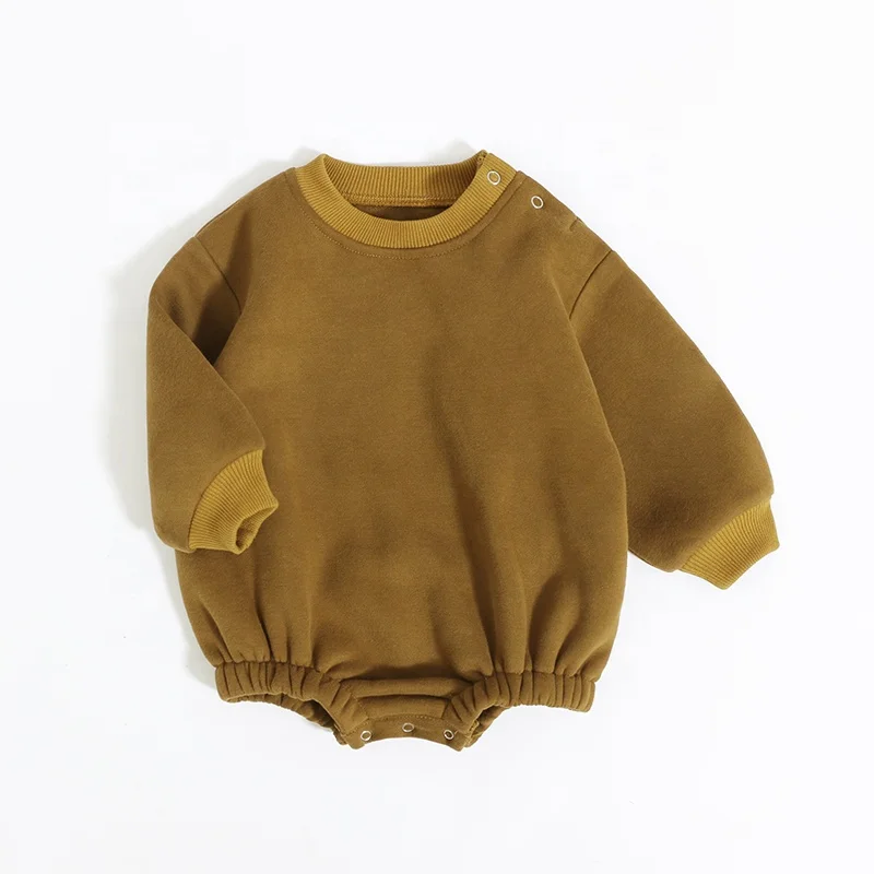 Wholesale Long Sleeve Solid Colour Round Neck Fleece French Terry Bubble Heavy Winter Baby Romper