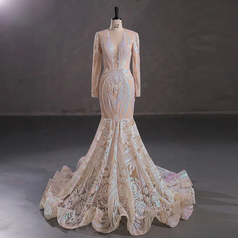 Ladies Sexy Slim Hip Boobs in Tight Evening Dress Full Sleeves Black Girls Plus Size Elegant Sequin Prom Cocktail Mermaid Gown