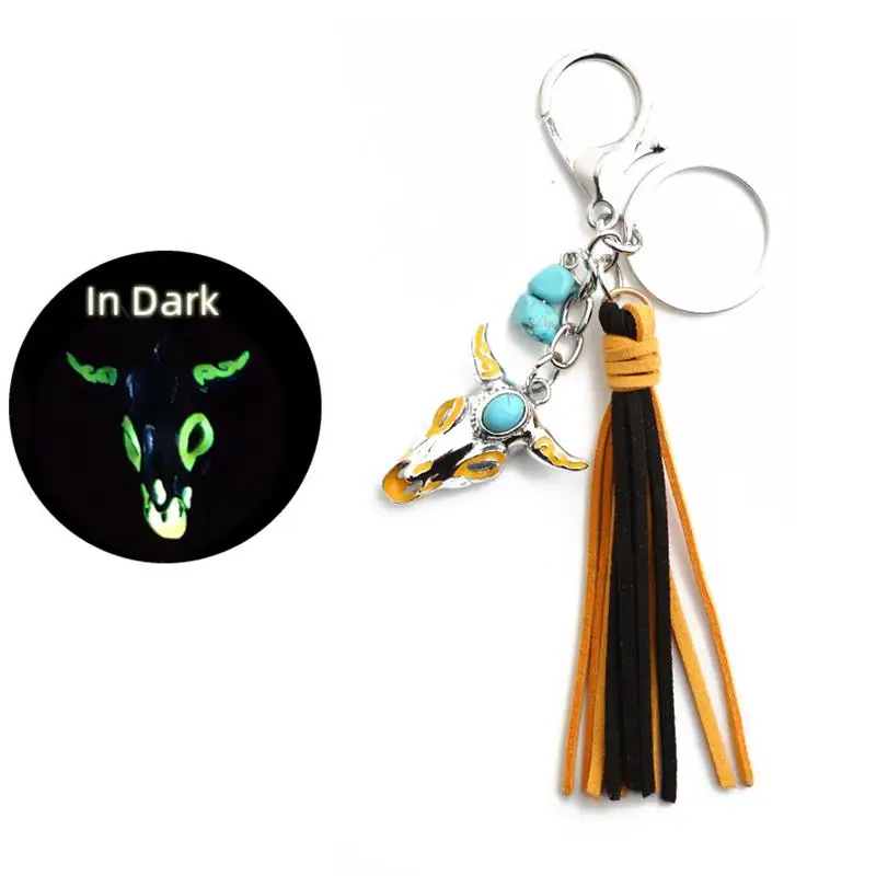 Dark shine vintage western style pine stone luminescent bull head fluorescent metal pendant skulls keychain