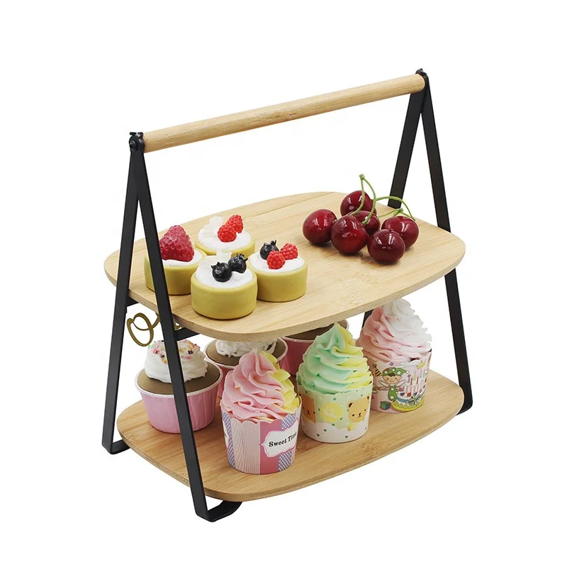 High quality cheap price factory wholesale 2 tier bamboo serving tray with metal stand