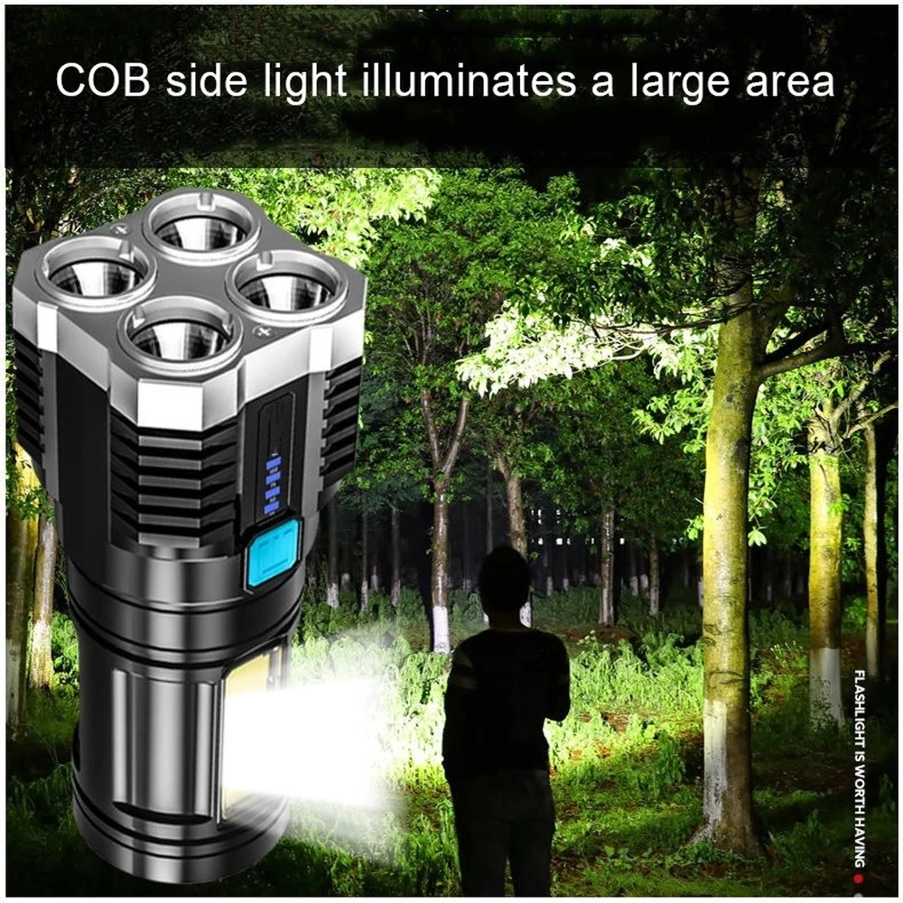 Amazon Hot Sale 4 Core Rechargeable LED Flashlight with COB Light Long-range Spotlight Battery LED Display For Outdoor