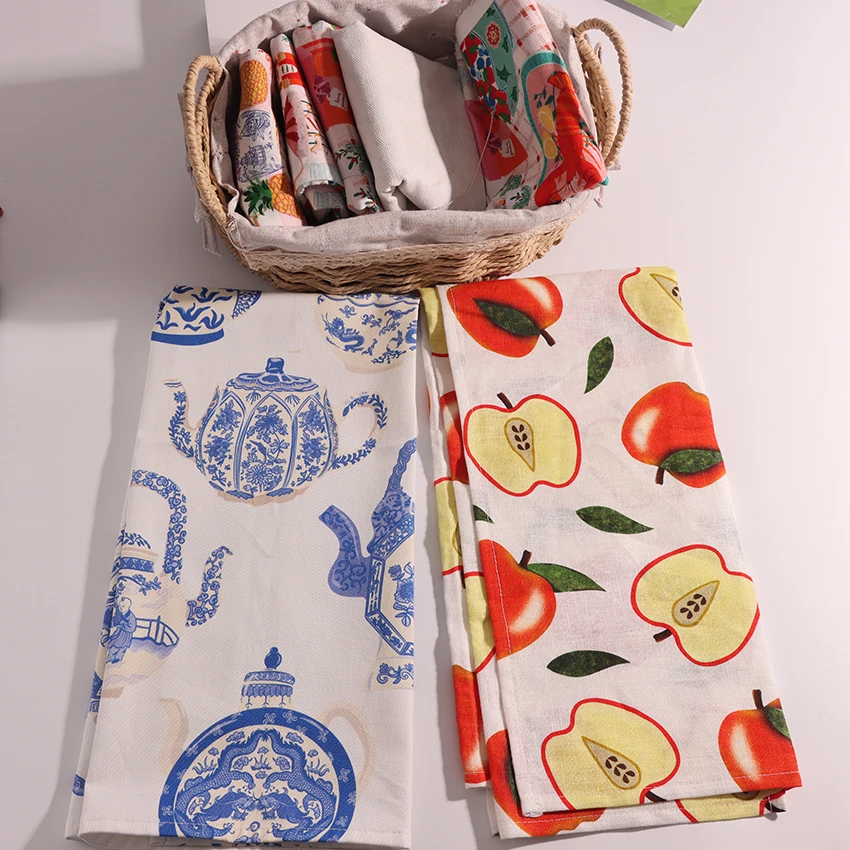 HOSHOM Newest High Quality Cotton Kitchen Towel Dish Cleaning Cloth Microfiber Absorbent Bright Colorful Printed Tea Towel
