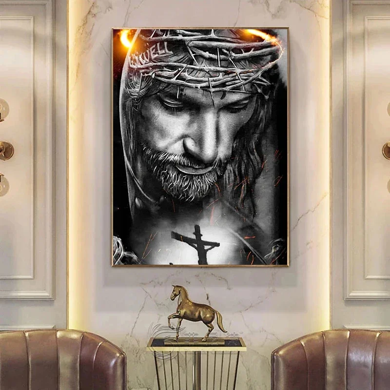 Abstract Black & White Jesus Portrait Canvas Painting Christian Wall Decor for Living Room decoration interior house