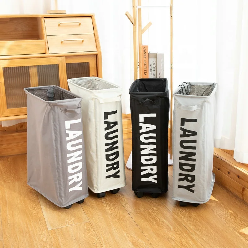 Slim Laundry Basket with Handle on Wheels Foldable Corner Storage Bins Collapsible Rolling Laundry Hamper