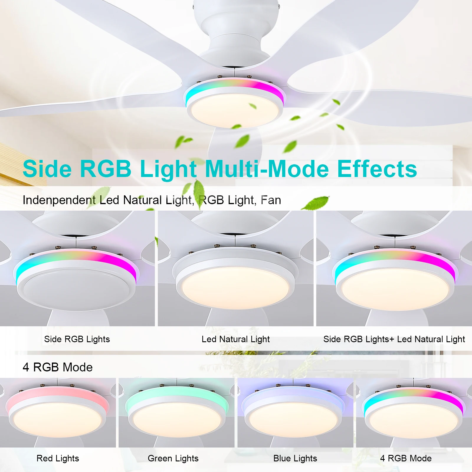 Indoor 46 Inch Home Decorative 5 Blades  Dimmable Remote Control RGB Led Ceiling Fan With Light