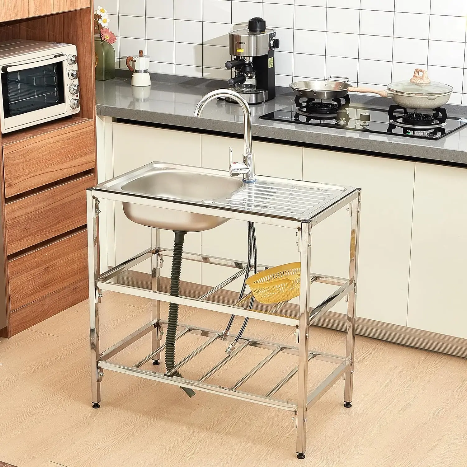 Tandefio Stylish Single Bowl Stainless Steel Freestanding Outdoor Kitchen Utility Sink Set Commercial Restaurant Portable Sink