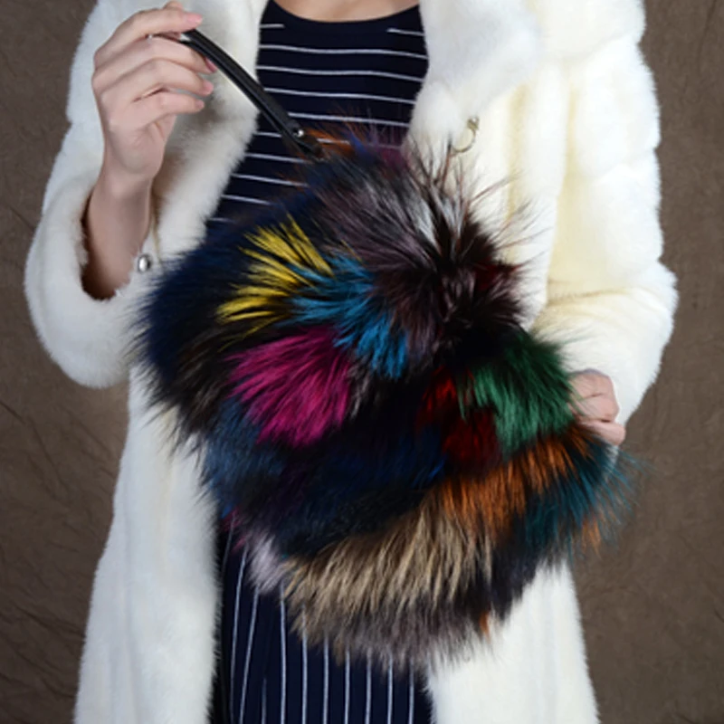 Fluffy fox fur clutch real fur fashion women purse winter multi color fur shoulder bags with metal chain