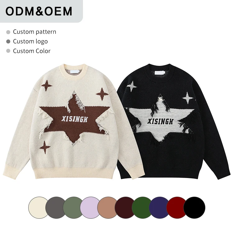 Wholesale Winter Star Cashmere Alpaca Pattern Knitted Sweaters Loose Crew Neck Pullover Casual Knit Men Sweater