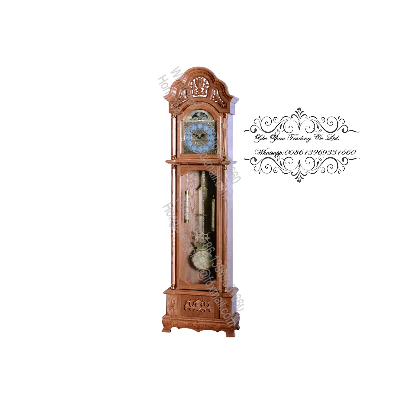 Solid Wood Grandfather Clock Graceful bonnet pediment with a decorative overlay on the crown