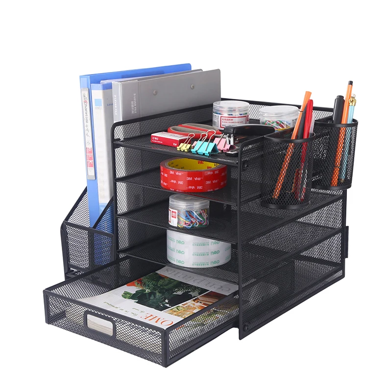 4 Tier Metal Mesh Desk Organizer with File Holder Pen Hold File Organizer with Drawer Holder for Office Home School