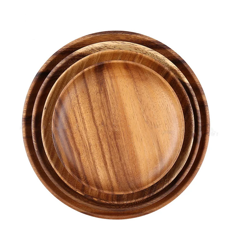 Hot Sales 10 inch Natural Wooden Steak Serving Plate Customized LOGO Wholesale Souvenir Round Acacia Wood Dinner Plate