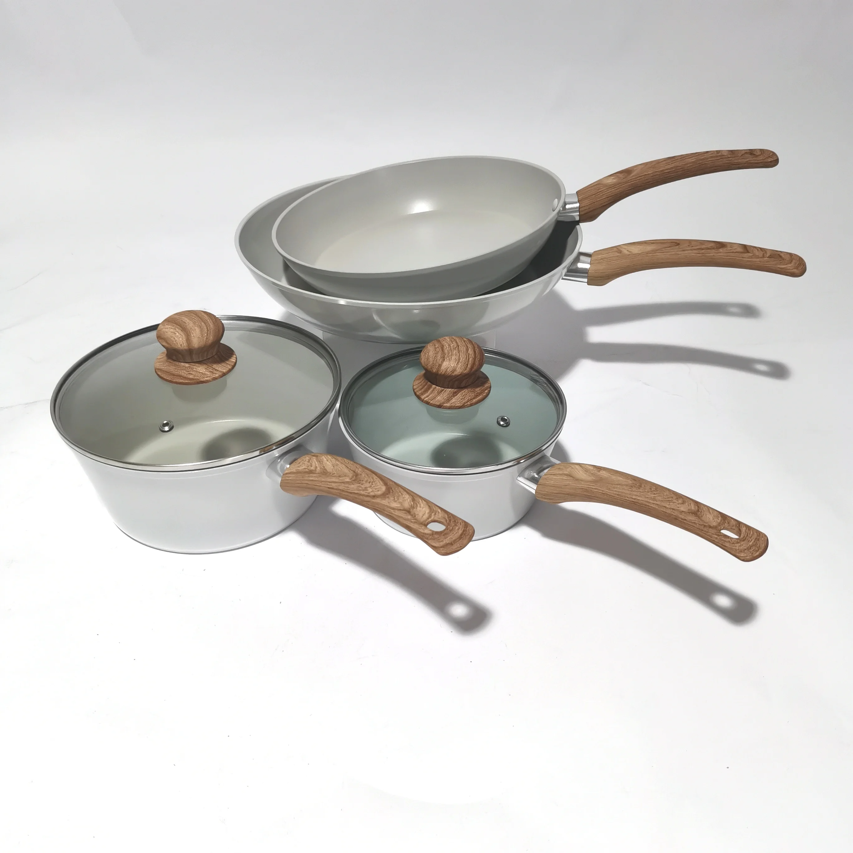 New Design Cookware Kitchen Non Stick Cooking Pot Set Aluminum Body Glass Lid Customization Packing