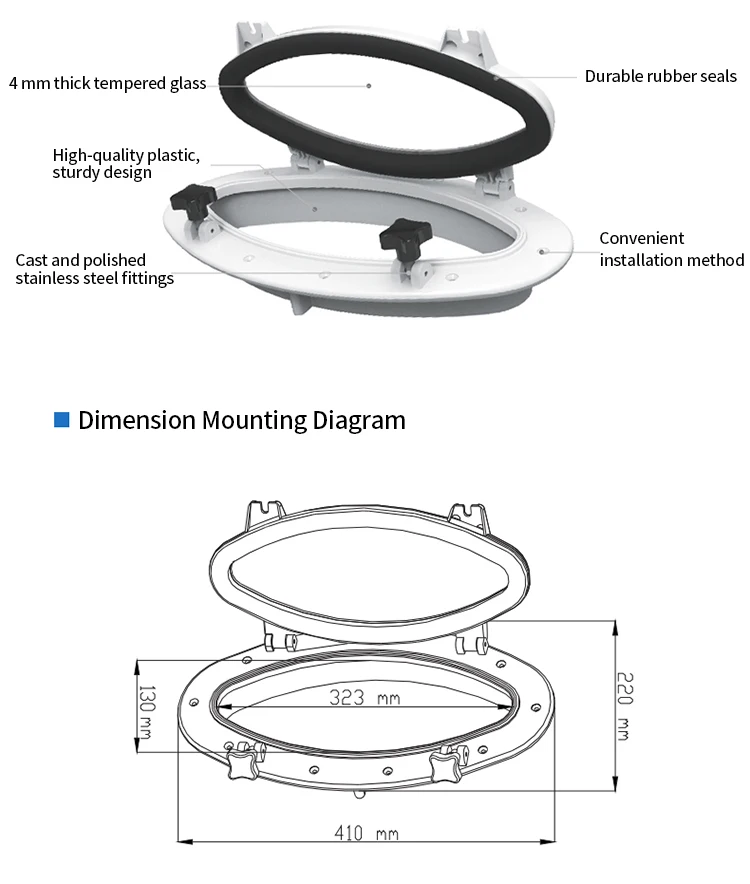 High strength toughened glass impact resistant plastic framed portholes