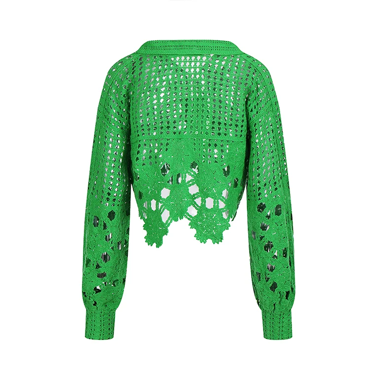 Knitwear manufacturers custom green polo collar long sleeves cutout women crochet sweater