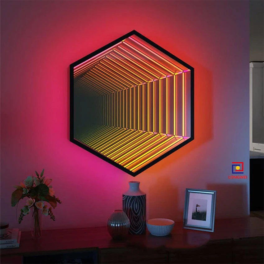 Hot Selling Nordic Atmosphere Hexagon Wall Lamp Multilayer Magic Mirror 3D LED Dance Floor Modern Glass Design