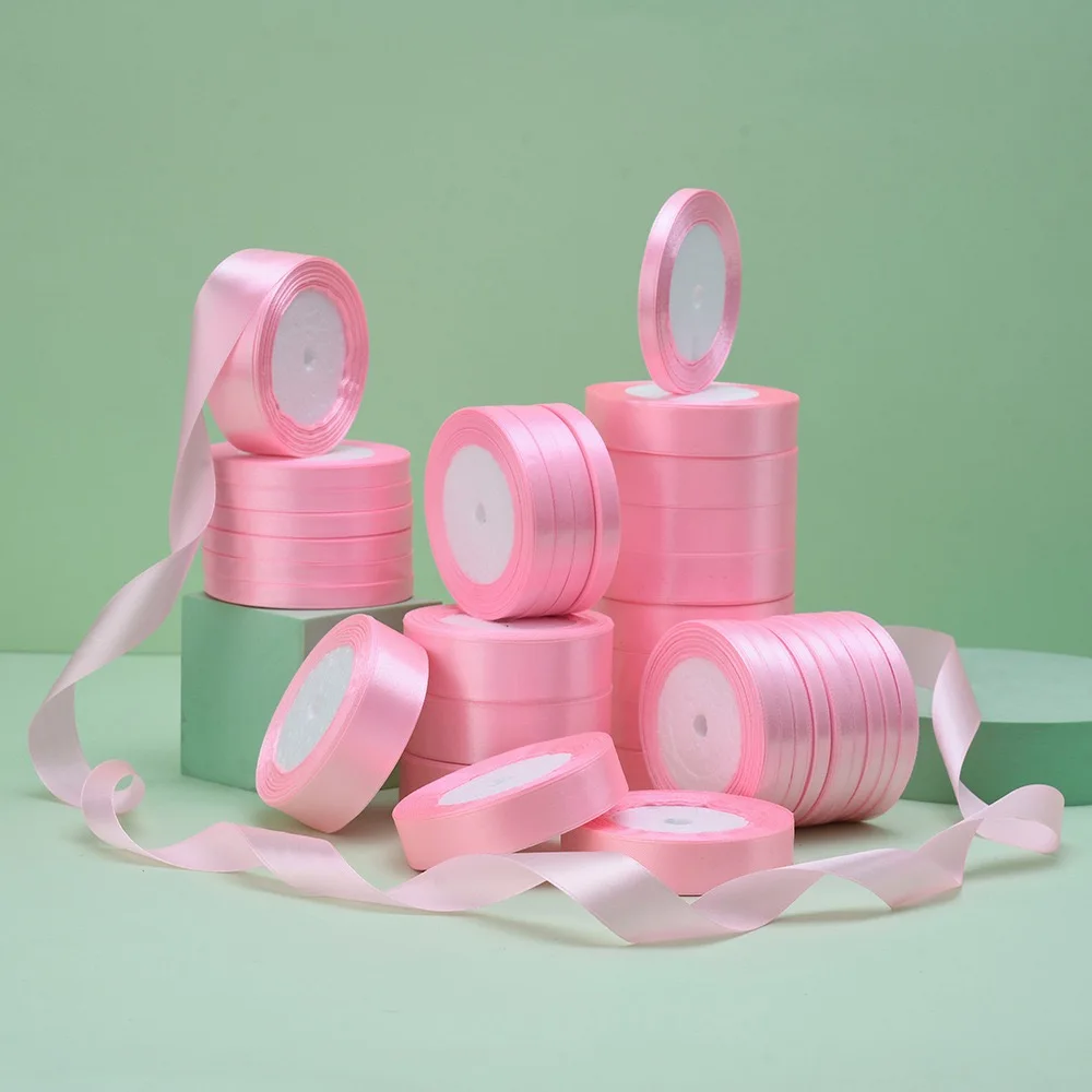 custom Pink Ribbon Polyester 0.6cm 25mm 25yard Single Sided Wedding Decoration Gift Ribbons roll