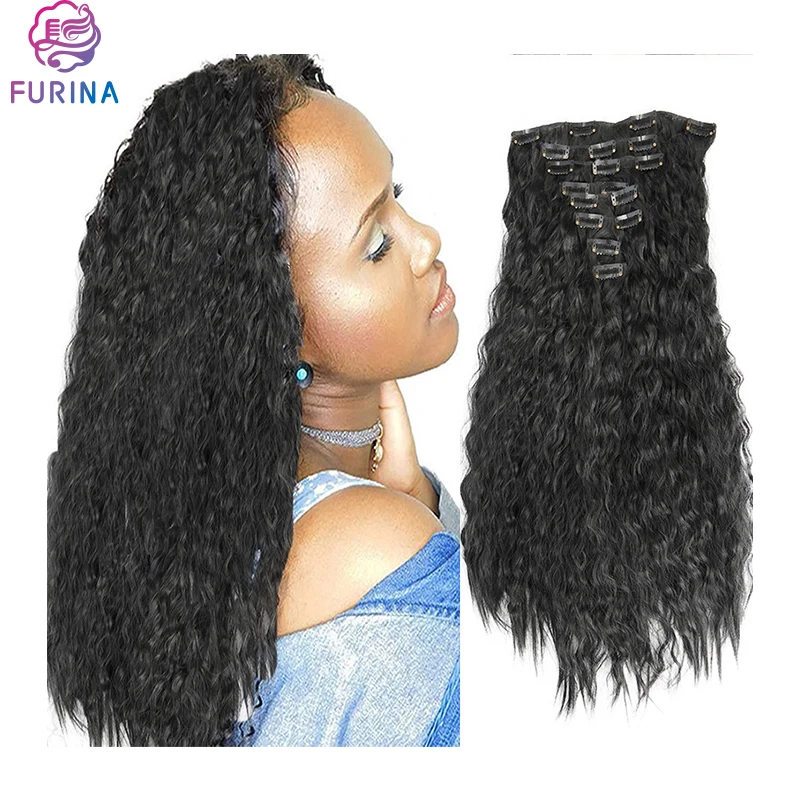 High quality beauty kinky straight full yaki 8 pcs 18 clips handy synthetic clips in hair extensions for women girls