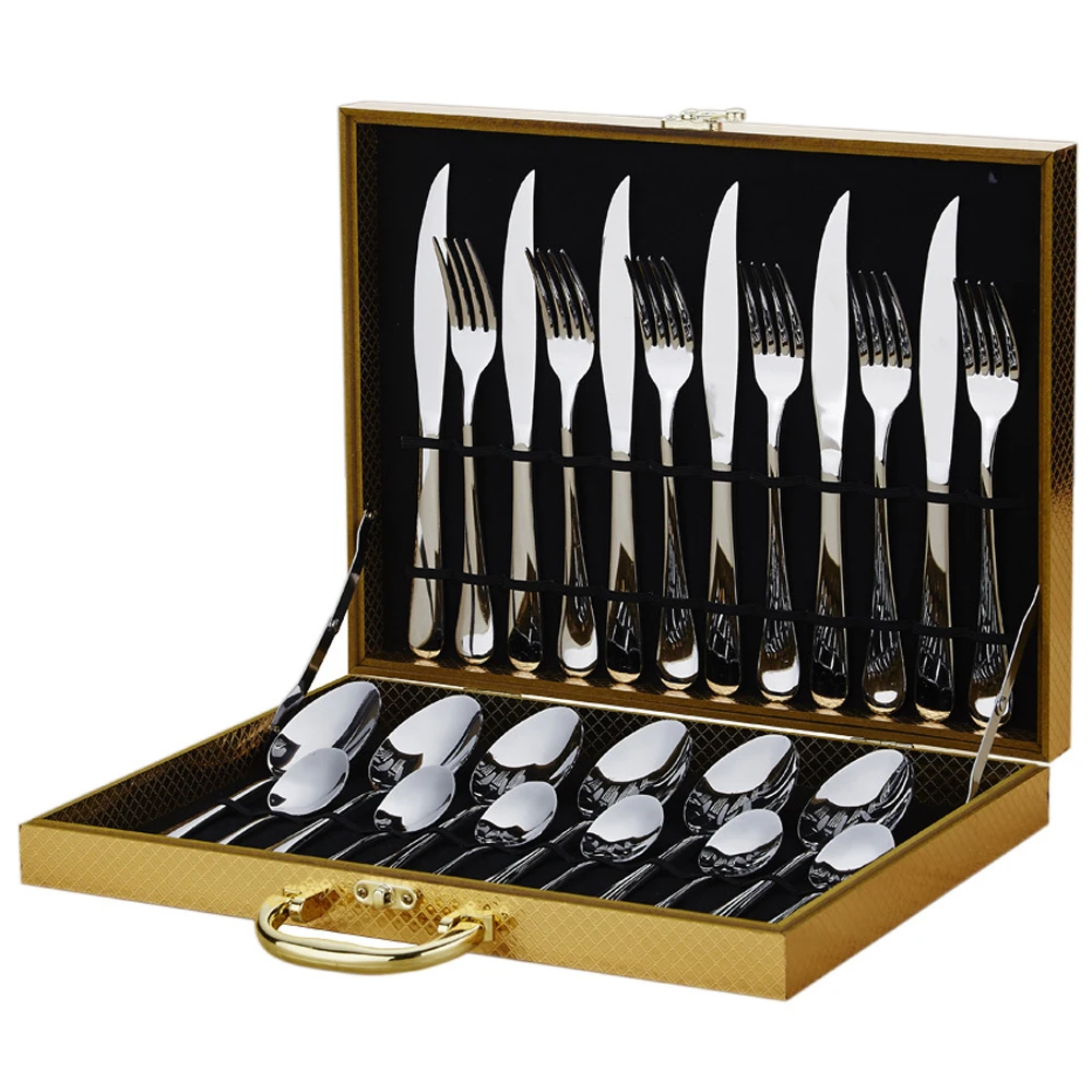 
Custom reusable luxury stainless steel flatware sets with gift box gold dinnerware sets manufacturer wholesale cutlery set 24pcs 