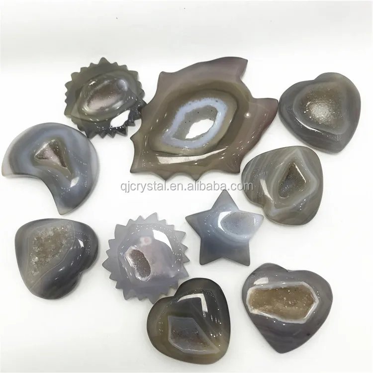 Wholesale Natural Crystal Hand Carved  Lace Agate Geode Carvings  Fox Face Moon And Star Shape