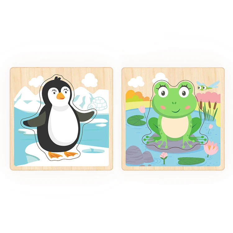 Kids Montessori Wooden Puzzle Jigsaw Toy Hand Grab Board Baby Learning Educational Toys Carton Animal 3d Layers Puzzles