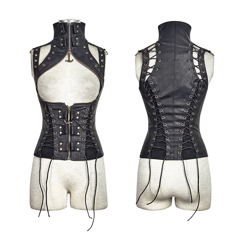 PUNK RAVE Y-674 2019 Designer Leather Waistcoat Steampunk Biker PU Waistcoats  for Women