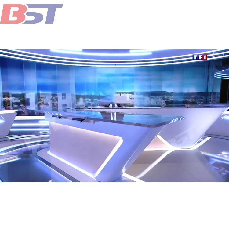 Customized White Big broadcast table of Radio TV Broadcasting Equipment Triangle Artificial Stone TV news desk