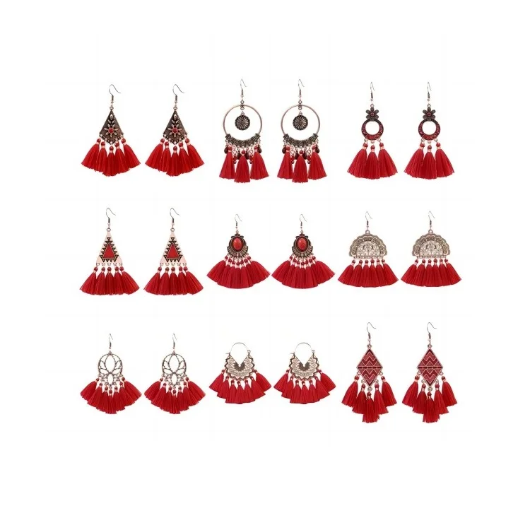 Trending Tassel Earrings Stone Drop Long Handmade BOHO Red Feather Wedding Bride Earings Jewelry Women