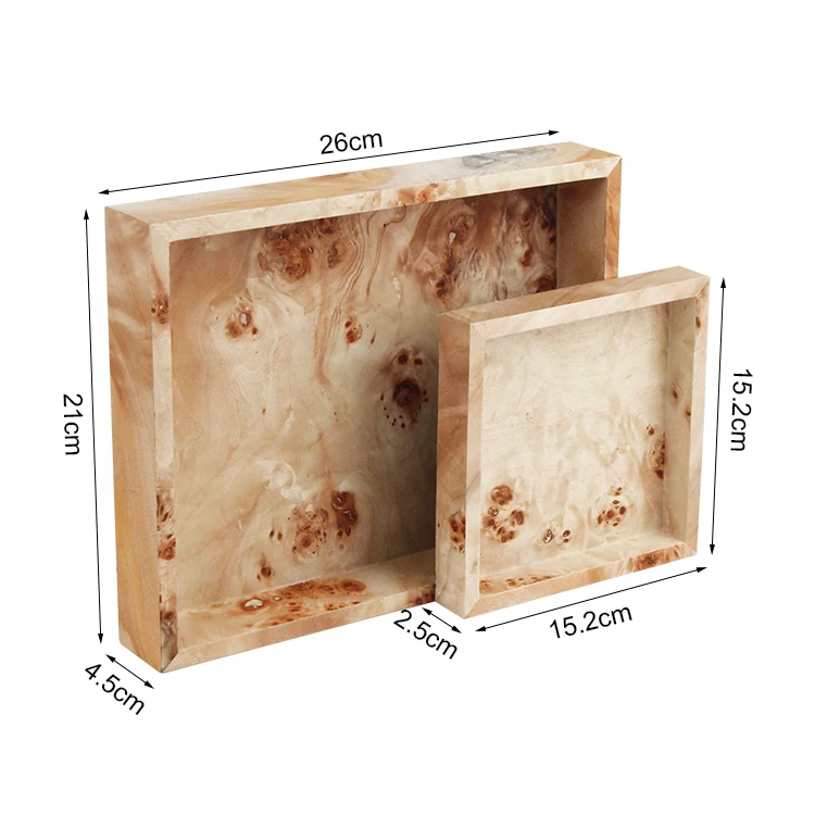 Decorative burlwood veneer covered trinket display tray large and small sizes remote controls ,keys , other things storage tray