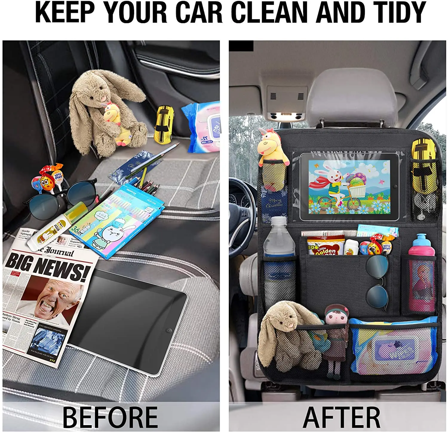 Car Backseat Organizer with Touch Screen Tablet Holder