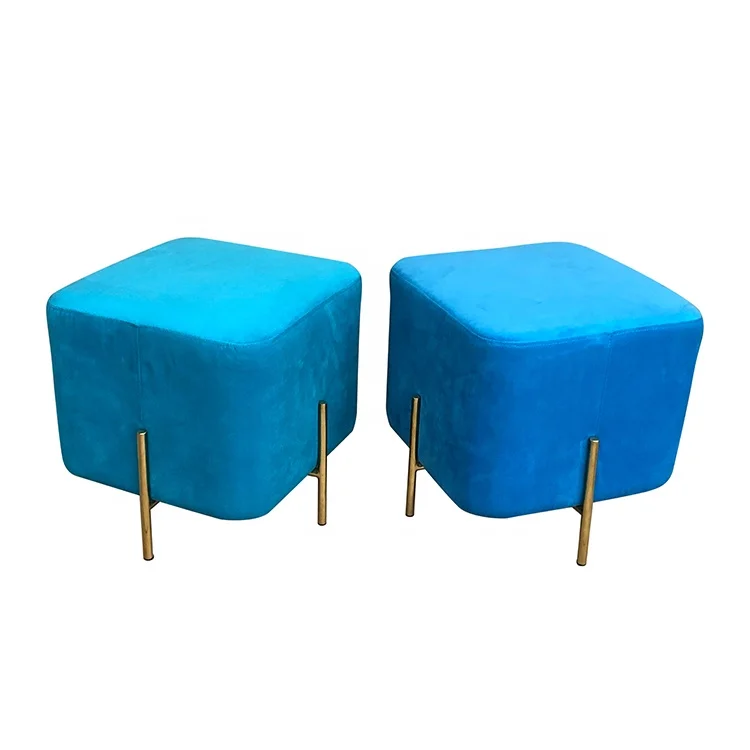 Modern Home use Fabric Square Ottoman Stainless Steel Gold Finish Velvet Foot Stool