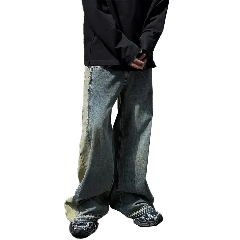 Wholesale custom Y2K distressed acid mens jeans patchwork Antique denim jeans loose fit jeans wide leg pants