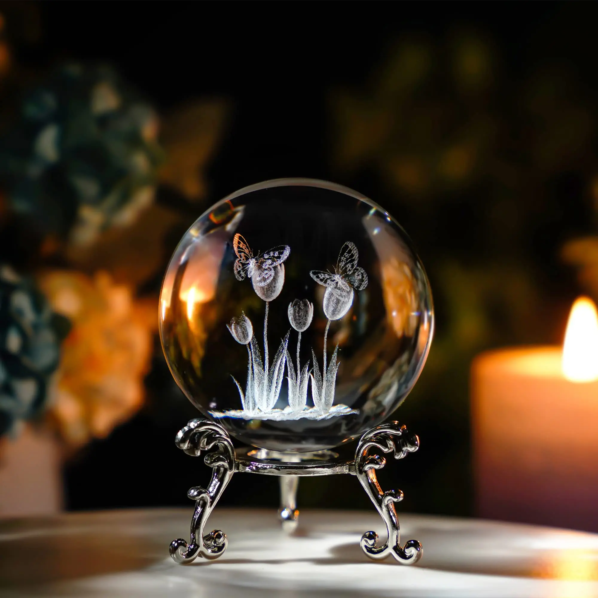 3D Crystal Ball 2.4inch Laser Engraved Animal Figurine Collectibles Paperweight Glass Decorative Full Sphere with Stand