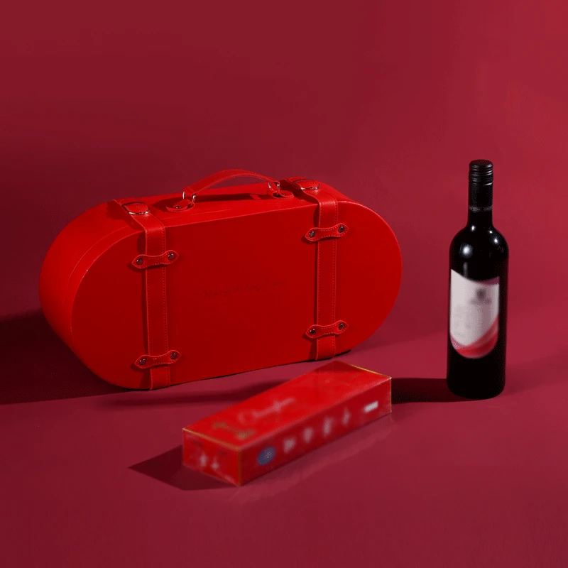 Paper cardboard suitcase shape box cosmetic flower rose wine gift set packaging box with handle for baby shower house warming