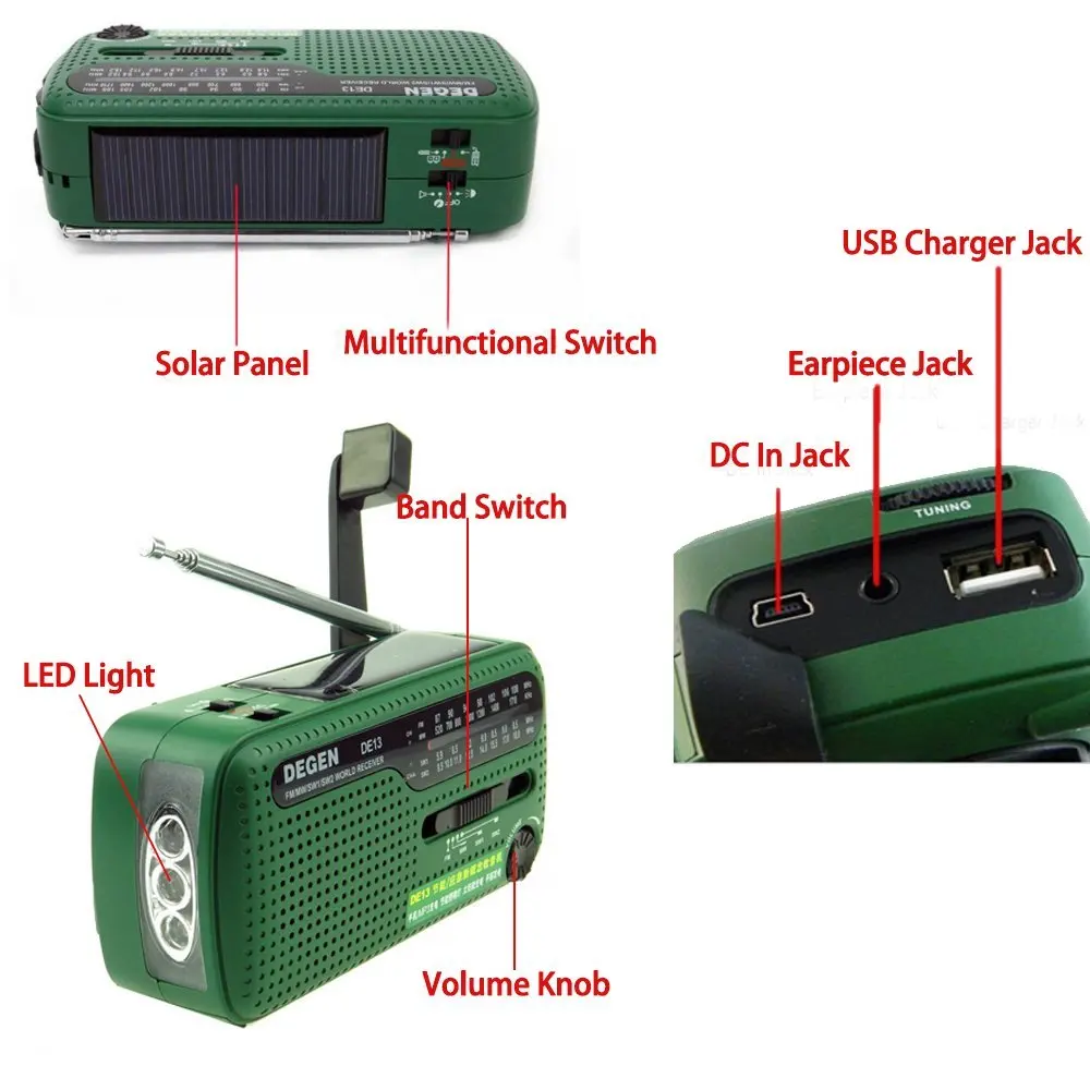 DEGEN DE13 Hand-Crank Dynamo Solar Emergency FM MW SW World Radio Receiver