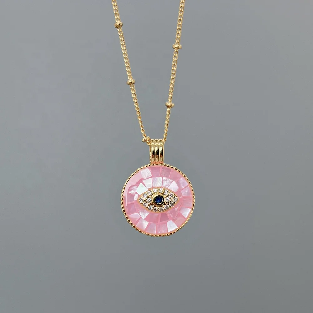 Wholesale Custom Round Pink Sea Shell Crystal Zircon Evil Eye Necklace Women PVD 18k Gold Plated Jewelry