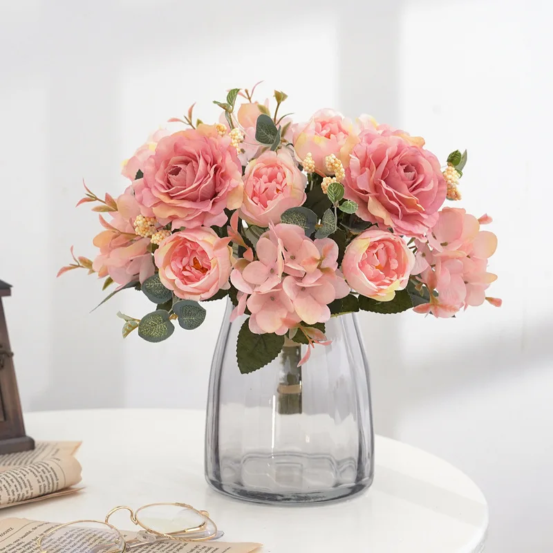 European Style Retro Hydrangea Peony Simulation Centerpiece Flower Bouquet Hibiscus Rose Living Room Wedding Home Decoration