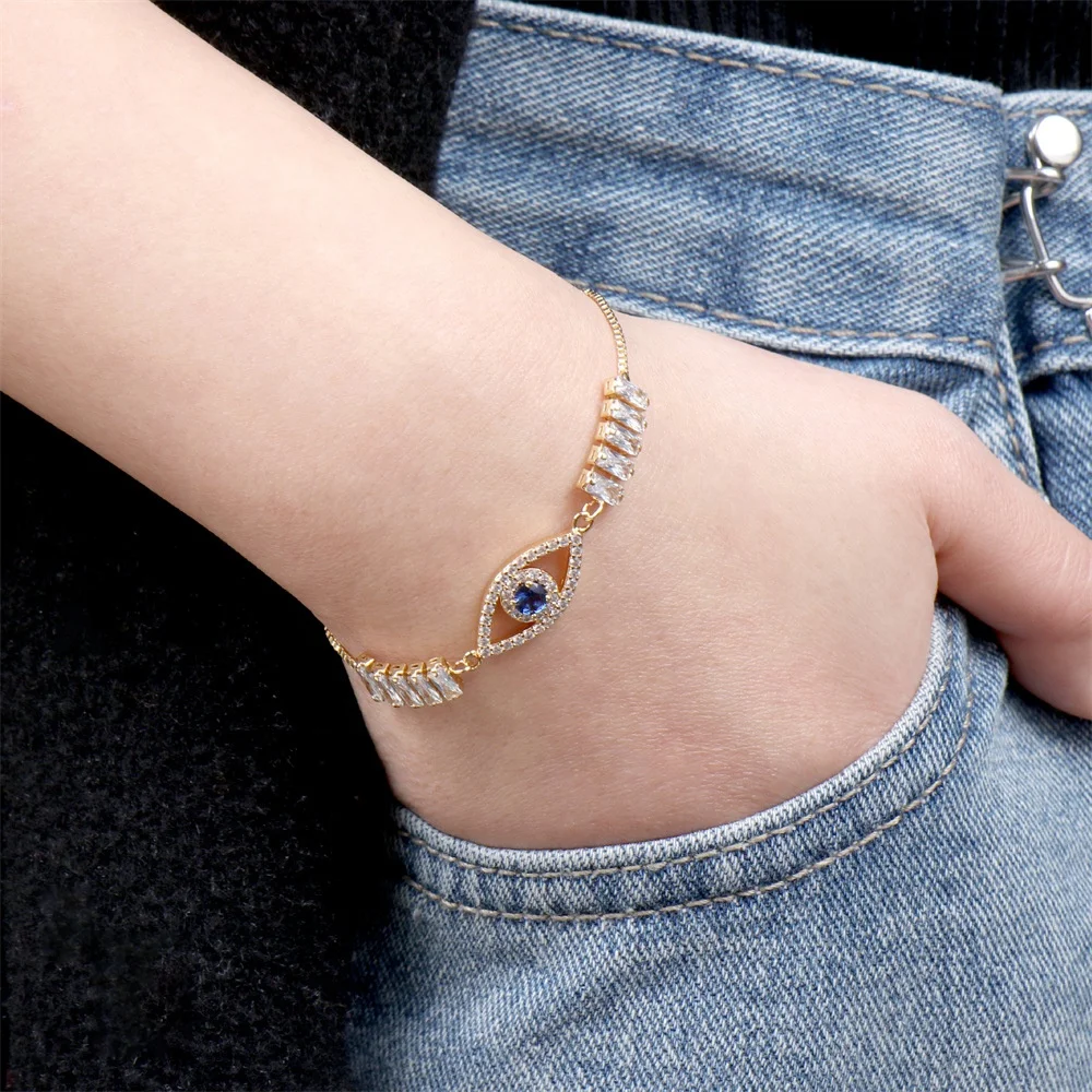 European High Quality Jewelry Blue Crystal Evil Eyes Bracelet Microstudded Zircon Plated 18K Gold Fatima Palm Bracelet For Women