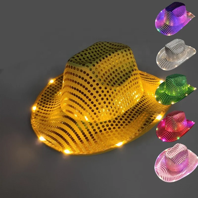 Wholesale fashion  unformed shiny jazz hat glitter holiday party design your own neon light up cowboy HAT girl for men SALE