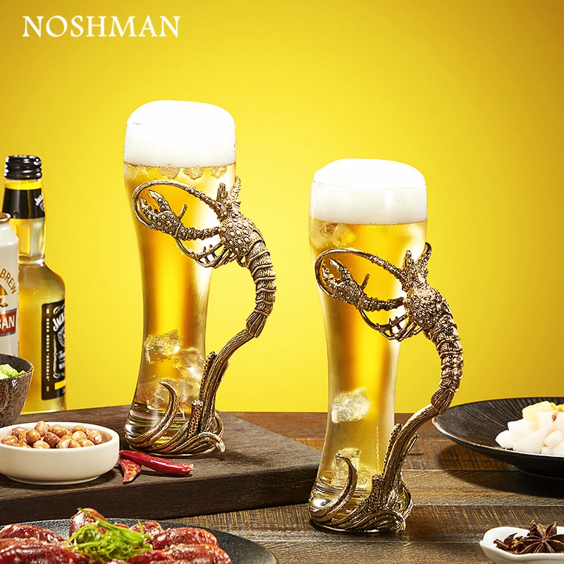 NOSHMAN Wholesale 475ml European Style Big Capacity Beer Football Festival Lobster Beer Drinking Glass Cups With Alloy Handle