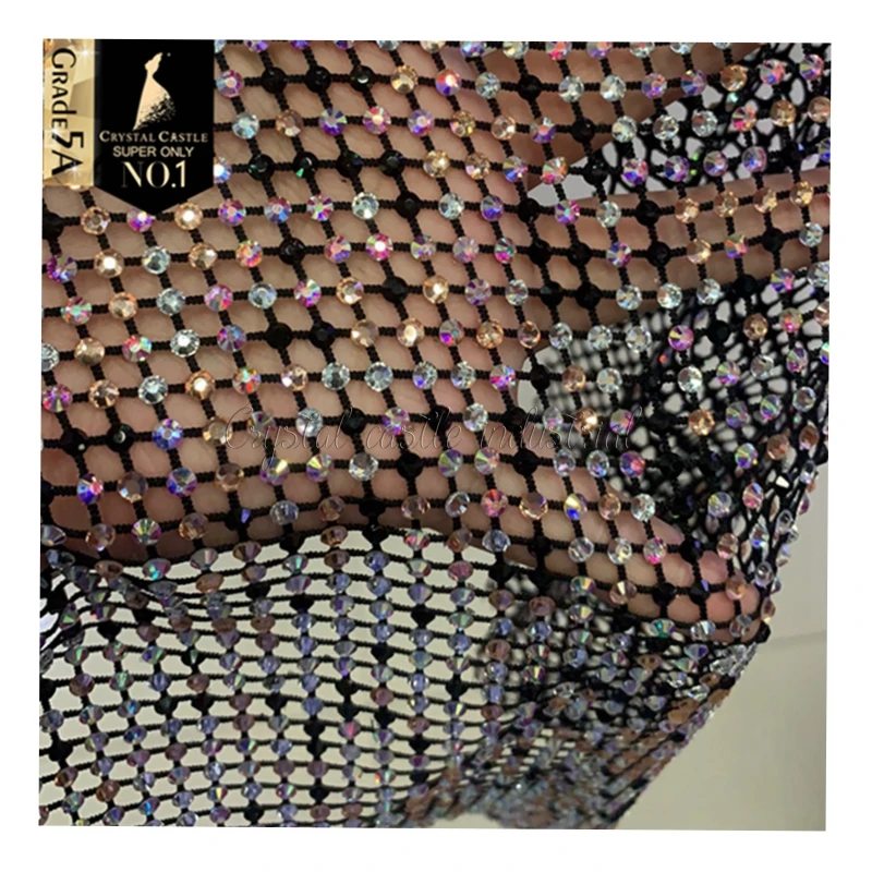 Crystal Castle 30*120cm SS16 Big Stone Glitter Colorful Rhinestone Mesh Fabric Glass Crystal Rhinestone Trimming for Dress