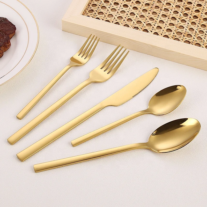 Bulk Gold Knife Fork Spoon Cutlery Set Stainless Steel Square Handle Flatware Silverware Set