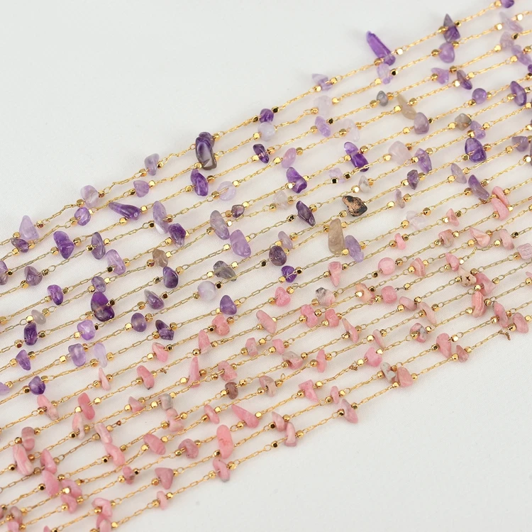 Wholesale 14K Gold Plated Brass Chain With Natural Stone Rosary Bead Chain