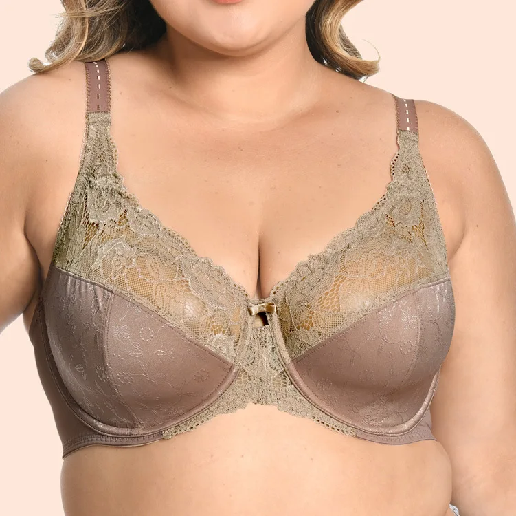Ultra-Thin Jacquard Full Cup Lace Bra Sexy Silk Seamless Lingerie Plus Size for Adults Everyday Style DEFGHIJK Cup