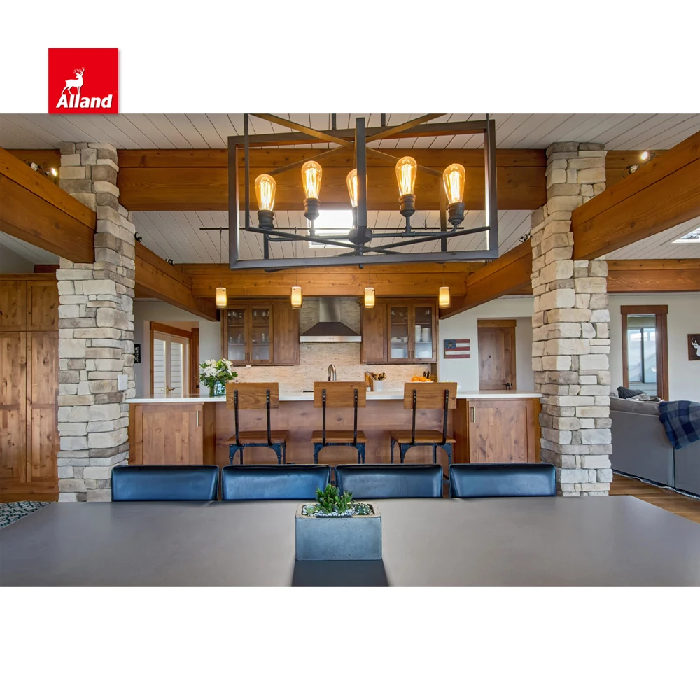 AllandCabinet Customized Modern and Rustic Knotty Alder Solid Wood Shaker Kitchen Cabinet Design with Island Storage Cabinets