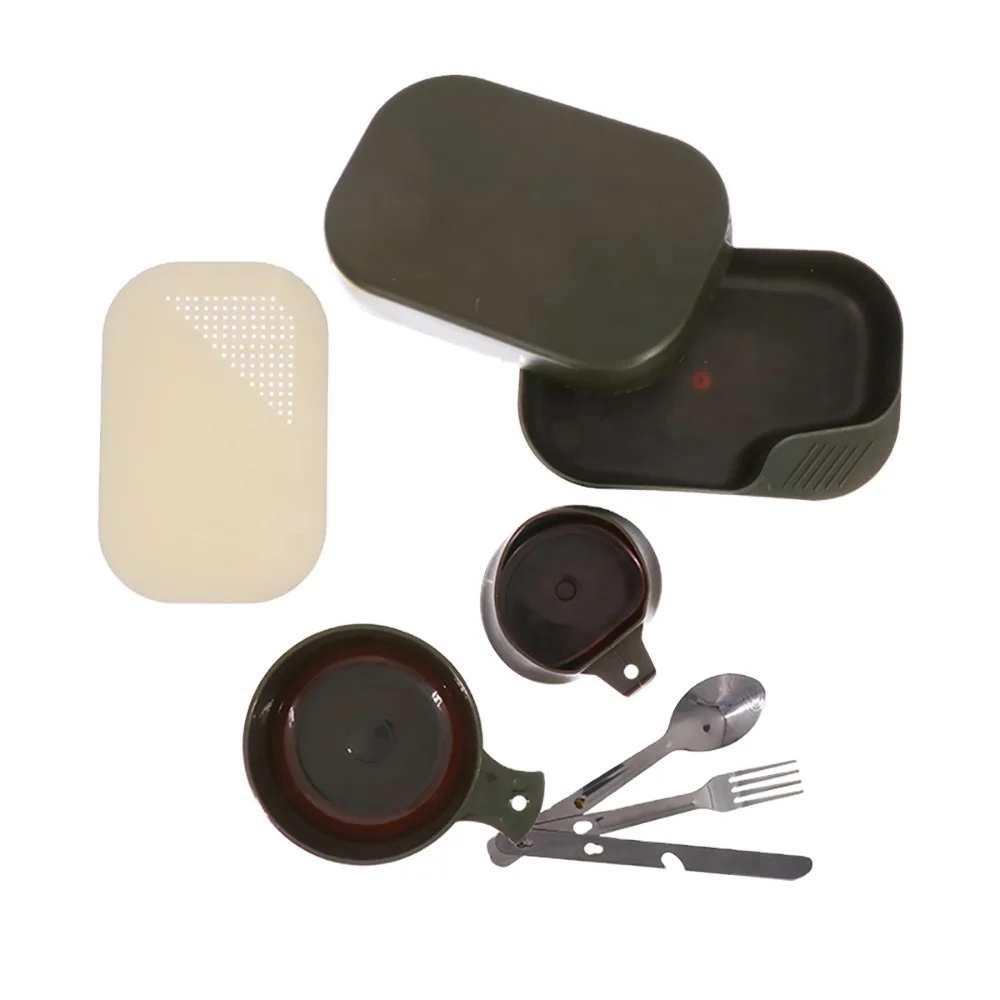 Free Sample Durable Traveling Hiking Camping Outdoor Metal 8-Piece Mess Kit Mess Tin Food Container with Handle Green Olive