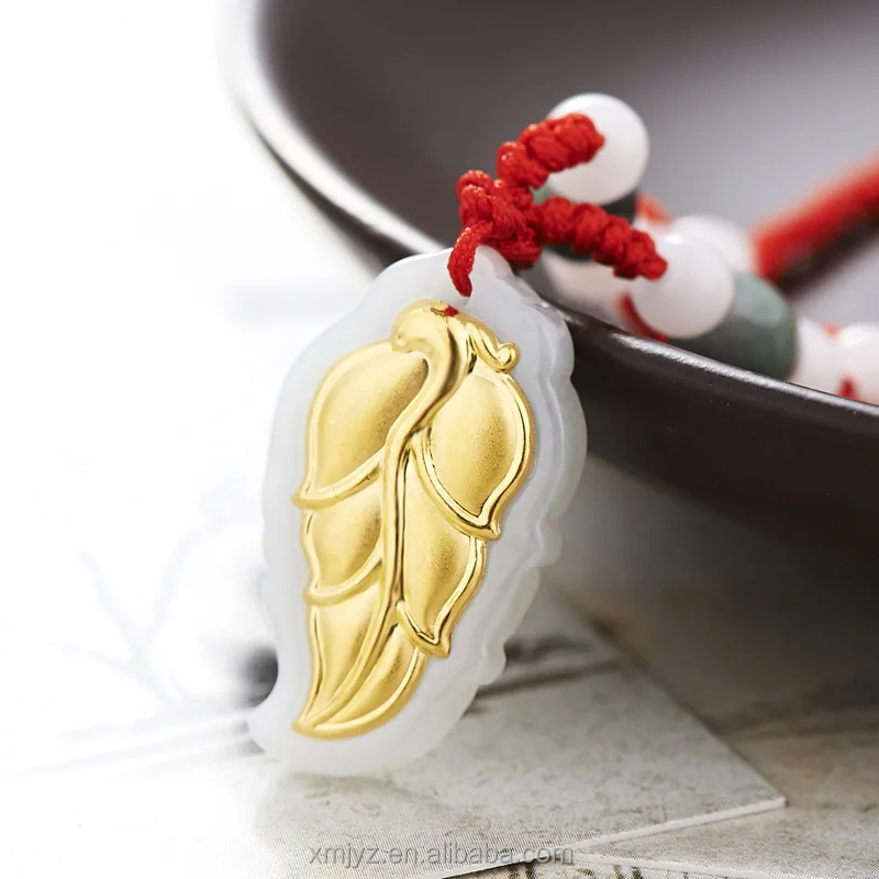 Certified Gold Inlaid Jade Pendant Dragon And Phoenix, Green Bean Leaves  Men And Women Gifts Wholesale